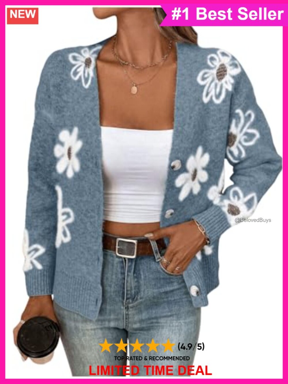 Floral Cardigan Sweater Long Sleeve Button Down V-Neck Knit